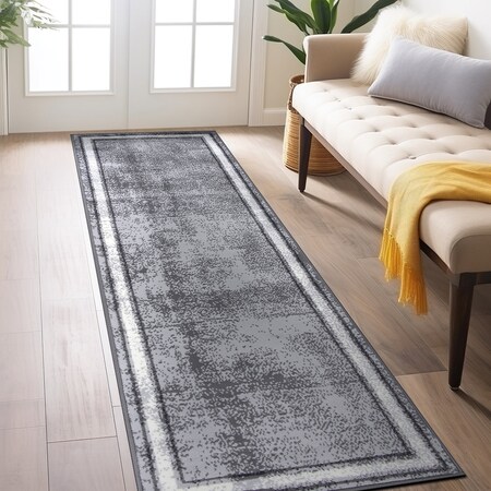 World Rug Gallery Contemporary Distressed Bordered Soft Runner Rug 2' x 7' Gray 3007GRAY2X7
